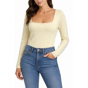 Womens Long Sleeve Bodysuit Square Neck Cream Minimalist Basic Fitted Stretch